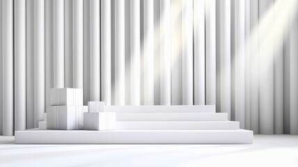A minimalist scene with white pillars and steps illuminated by soft light, creating a serene and elegant atmosphere.