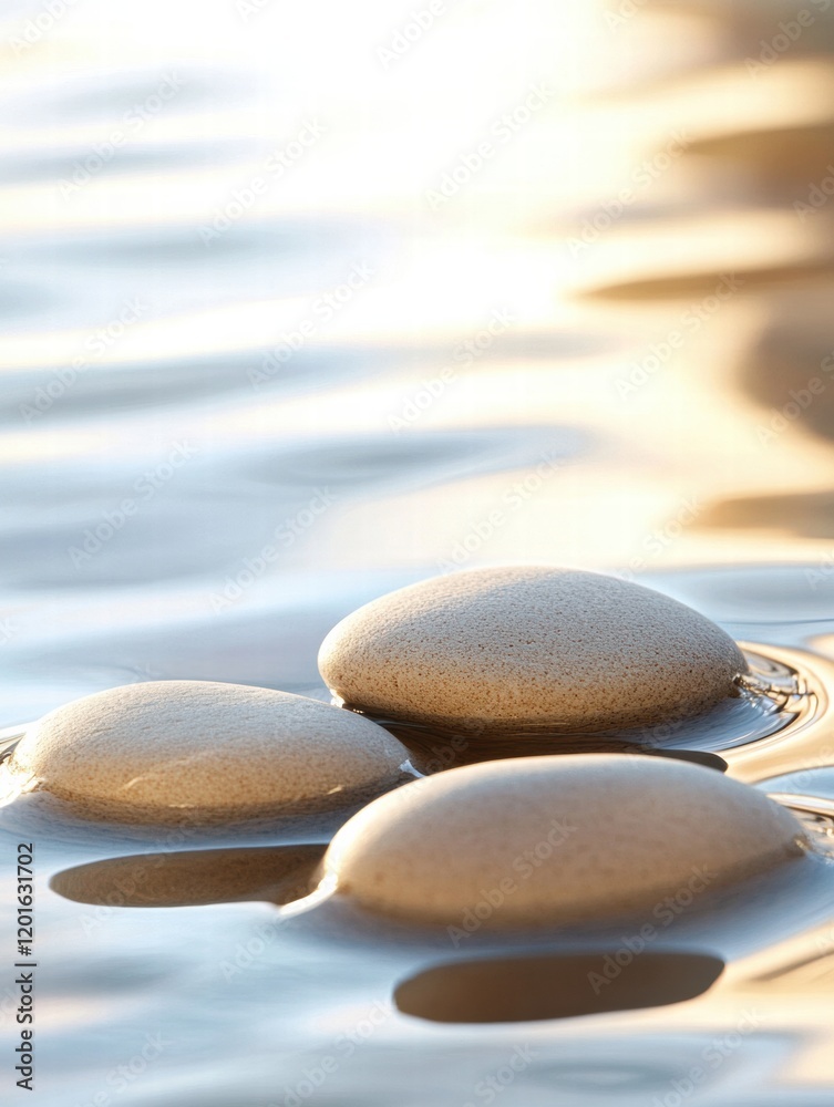 Leinwandbilder close up view of smooth beach pebbles with gentle ocean waves washing over under soft sunlight. gene