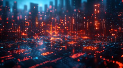 Futuristic city glowing lights digital technology abstract background.