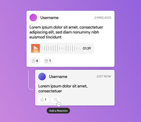 Thread template. Twitter message and reply user interface. Text blog publication. Social media post with voice record. Play audio clip in slack chat. Blog communication. Vector illustration design.