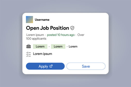Linkedin open job position template. Glass door work offer description publication. Employer seeks employee. HR marketing publication. Online employing platform. Post about job. Vector illustration.
