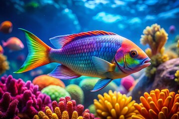 Naklejka premium Vibrant Rainbow Fish Swimming in Coral Reef, Underwater Scene, Close-up