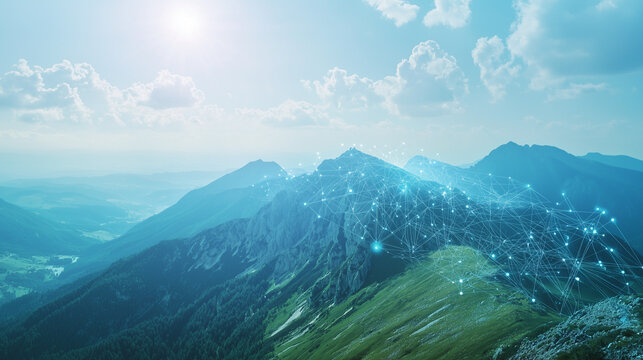 A serene mountain landscape with a holographic overlay of quantum wave equations, blending nature with the abstract beauty of quantum physics.