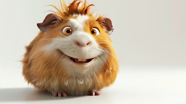 A cheerful cartoon guinea pig with tiny ears, a fluffy tail, and a grin, its orange and white fur adding to its lively and cute expression.