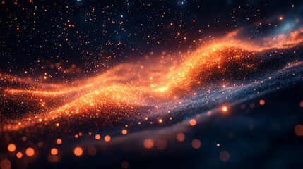 Sparkling orange particles floating in dark space.