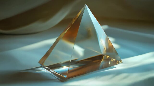 A transparent glass pyramid illuminated by soft glowing orange light, reflecting on a sleek surface, set in a modern interior with natural light