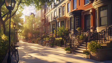 Fototapeta premium A bright, sunlit image shows a row of old townhouses. The scene appears to be an upload to a stock site