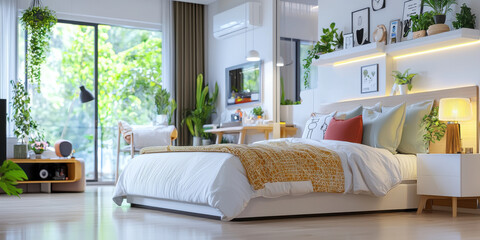modern bedroom with plants, cozy decor, and natural light