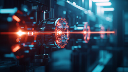 A quantum teleportation experiment setup in a dimly lit lab, featuring a pair of glowing quantum nodes connected by a shimmering energy beam, representing the cutting edge of quantum technology.
