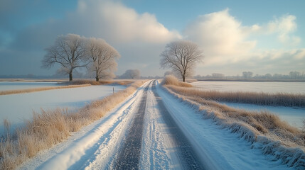 Obraz premium The winter road, illuminated by the bright sunset, is surrounded by a snowy landscape and falling snowflakes, creating an atmosphere of peace. 