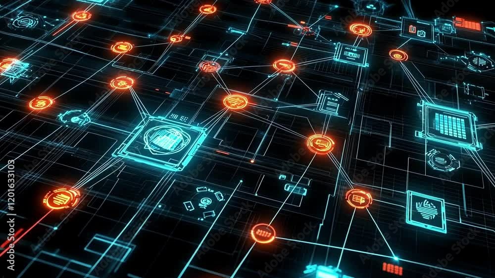 Aufkleber a detailed visual of a digital network map with connected nodes lighting up representing the flow of
