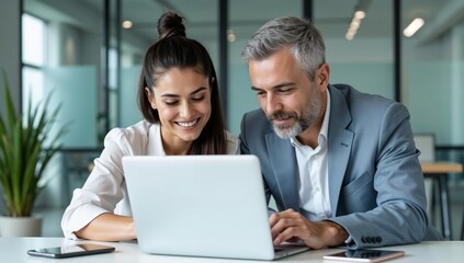 Obraz premium Professional Team Collaboration on Laptop in Modern Office Environment