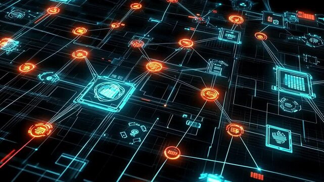 A detailed visual of a digital network map with connected nodes lighting up representing the flow of data and the critical need for monitoring and alerts against breaches.