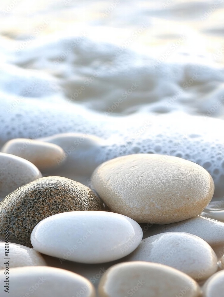 Poster close up of smooth beach pebbles as gentle waves wash over them along the shoreline at a tranquil co