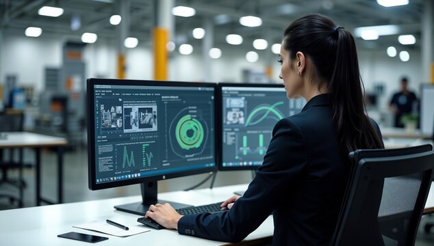 Businesswoman Analyzing Data on Dual Monitors in a Modern Industrial Office
