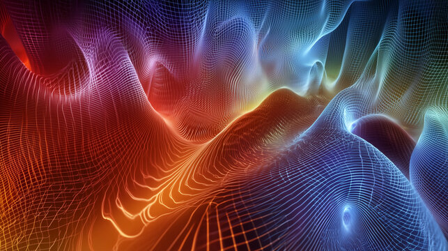 A complex 3D visualization of quantum wavefunctions, displayed as colorful, glowing wave patterns in a dark, futuristic setting, capturing the elegance of quantum physics.