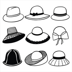 set of vector various style sun hat, beach hat, summer straw hat silhouettes