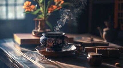 Obraz premium Rustic tea setup with steaming teapot and wooden table