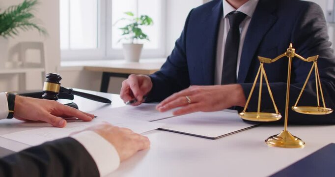 Lawyer paper document signing, solicitor helping with legal contract, client sales, purchase, employment agreement meeting to make financial business deal, bank loan service, scales of justice symbol