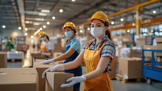 Volunteers wearing gloves and masks sorting donations in warehouse