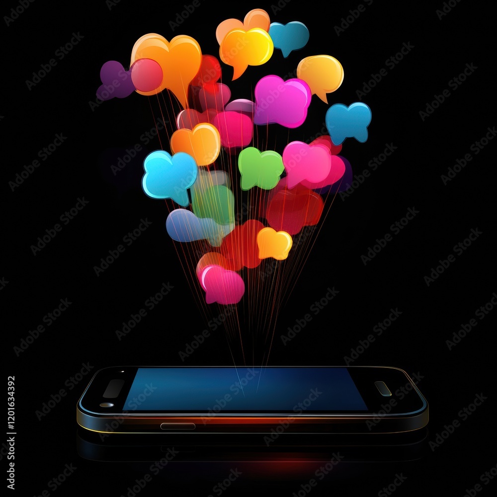 Poster colorful chat bubbles emerging from a smartphone in a vibrant digital communication display. generat