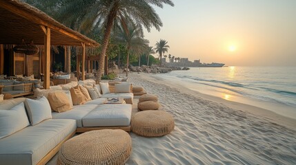 Obraz premium Beachfront lounge sunrise, Arabian coast. Relaxation, travel