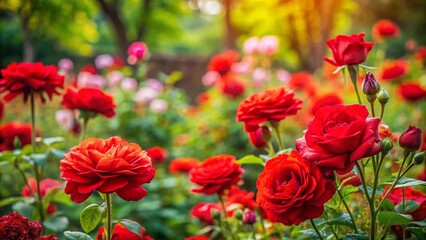 Fototapeta premium Vibrant Red Poppy and Rose Garden Blooms - Candid Summer Photography