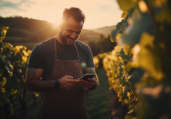 A man is standing in a vineyard, smiling and looking at his cell phone