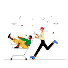 Two Characters In Shopping Cart Race In Flat Vector Illustration Symbolizing Fun, Friendship, And Shopping Adventure, Isolated On White Background.