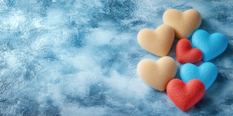 Obraz premium A charming display of vibrant hearts lined up gracefully, each one radiating love against a serene blue backdrop, perfect for celebrating romance.