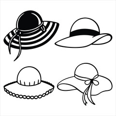 set of vector various style sun hat, beach hat, summer straw hat silhouettes
