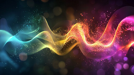 A complex 3D visualization of quantum wavefunctions, with colorful, glowing wave patterns in a dark, futuristic environment, representing quantum mechanics and wave dynamics.