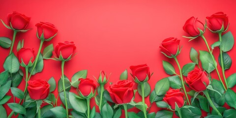A stunning array of vibrant red roses gracefully contrasts against a bold red background, symbolizing love and passion in perfect harmony.