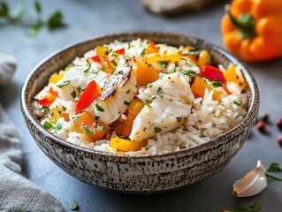 Cooked rice with fish and bell peppers in a bowl. Steamed white rice mixed with fish and bell peppers in a ceramic bowl. Emphasizing seafood and vibrant flavors. Ideal for food blogs and light meals.