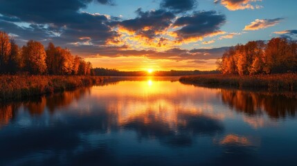Autumn sunset over calm lake, colorful trees reflected in water, peaceful nature scene, ideal for travel brochures