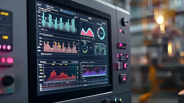 Closeup on a colorful digital display showing realtime production data with graphs and statistics that enable quick decisionmaking aligned with market demands.