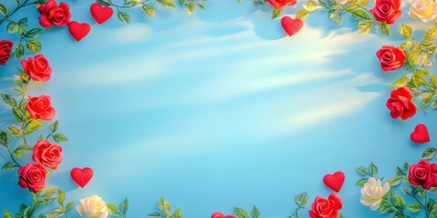 A beautiful heart-shaped frame adorned with vibrant roses and playful hearts, capturing the essence of love and romance this Valentine's Day.