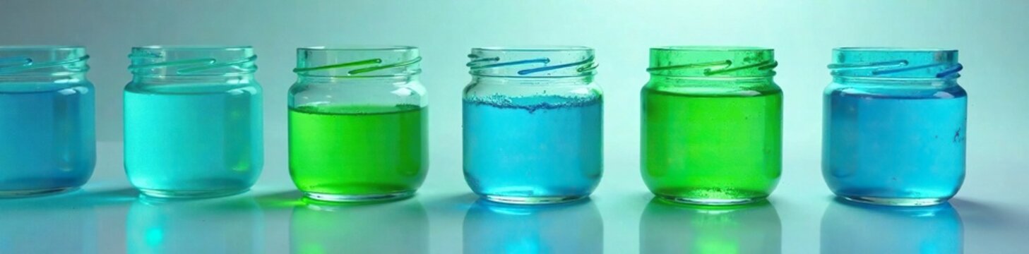 Colorful blue and green liquid with a thick creamy texture inside a jar, colored liquids, translucent
