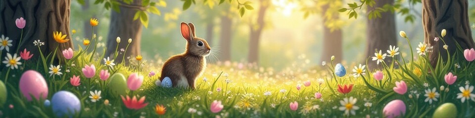 Cute bunny in vibrant spring meadow with easter eggs