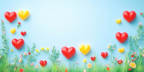 A vibrant scene unfolds with numerous hearts nestled among lush green grass, surrounded by colorful flowers, celebrating love's beauty on Valentine's Day.