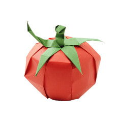 Paper tomato folded using the origami technique, featuring a vibrant green stem and detailed leaves. The design merges traditional paper art with modern creative concepts, offering a fresh visual styl