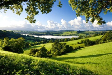 Obraz premium Idyllic rolling hills at dawn, mist rising gently, horizon shrouded in ethereal light