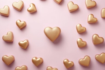 Obraz premium Golden hearts shimmer against a soft pink backdrop, creating a romantic and whimsical atmosphere perfect for celebrating love on Valentine's Day.