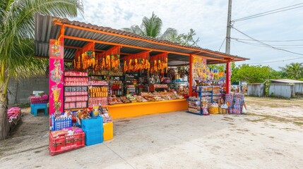 Vibrant Tropical Fruit and Snack Stand in a Lush Rural Market Setting