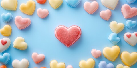 A vibrant circle of colorful hearts radiates love and joy, celebrating the spirit of Valentine's Day with each unique hue and shape.