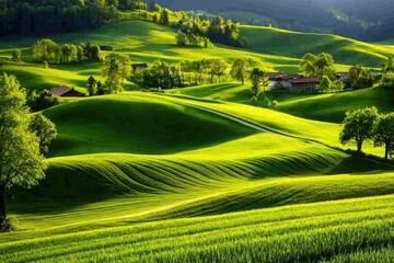 Obraz premium Idyllic rolling hills at dawn, mist rising gently, horizon shrouded in ethereal light