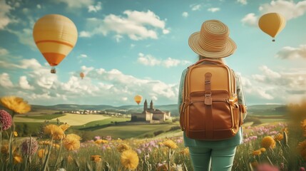 A woman with her back to the camera, wearing an outdoor hat and backpack, stands in front of beautiful flowers, looking at hot air balloons floating above green fields