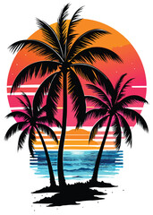 A vibrant, retro-style sunset with a pulsing, radiating light source, reminiscent of a 1970s aesthetic.