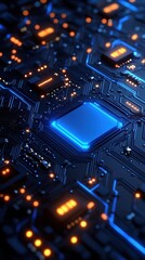 Fototapeta premium Close-up of a glowing blue CPU on a circuit board.