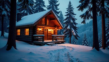 Cozy cabin in the woods with Christmas lights, lights, rustic